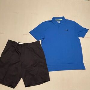 Large royal blue Under Armour shirt, black size 36 PGA Tour shorts